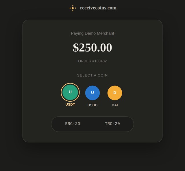Screenshot of the receivecoins.com checkout screen, showing coin and network selection