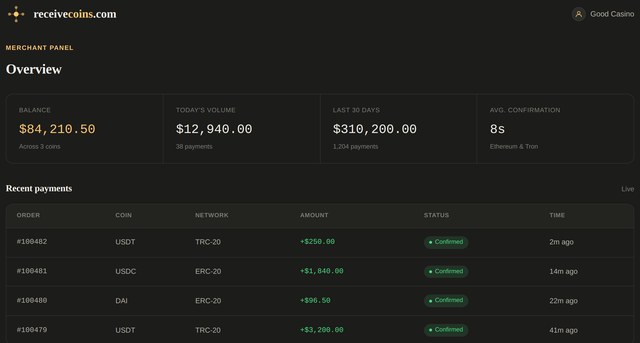 Screenshot of the receivecoins.com merchant panel, showing balance and recent payments